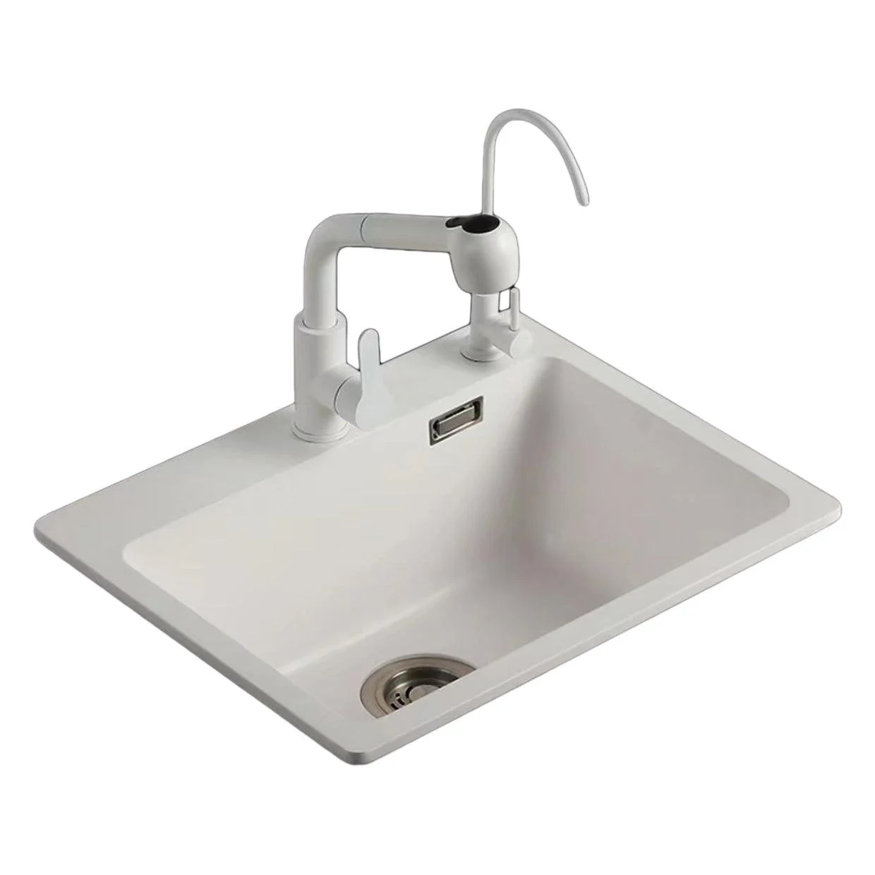 White Quartz Kitchen Sink Rectangle Single Bowl Sink with Basket Strainer -Bathlova