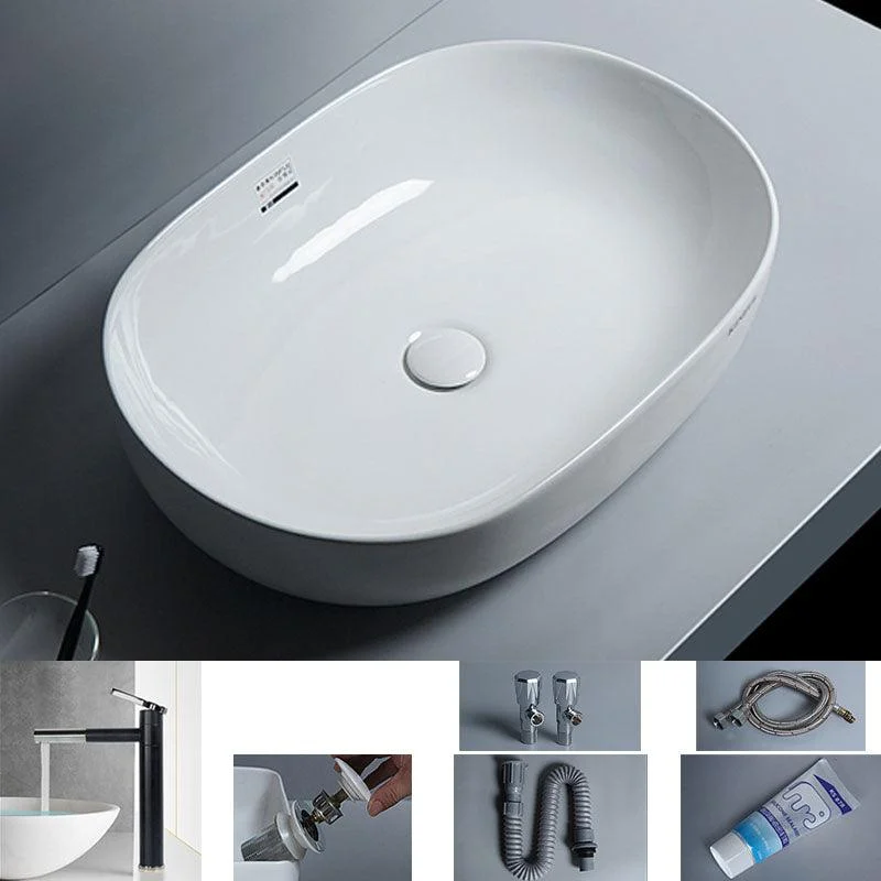 White Vessel Sink Tap Porcelain Bathroom Sink with Pop-Up Drain -Bathlova