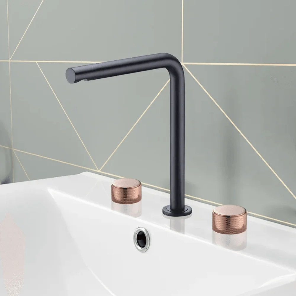 Widespread Double Knobs Bathroom Tap Sink in Black & Rose Gold -Bathlova