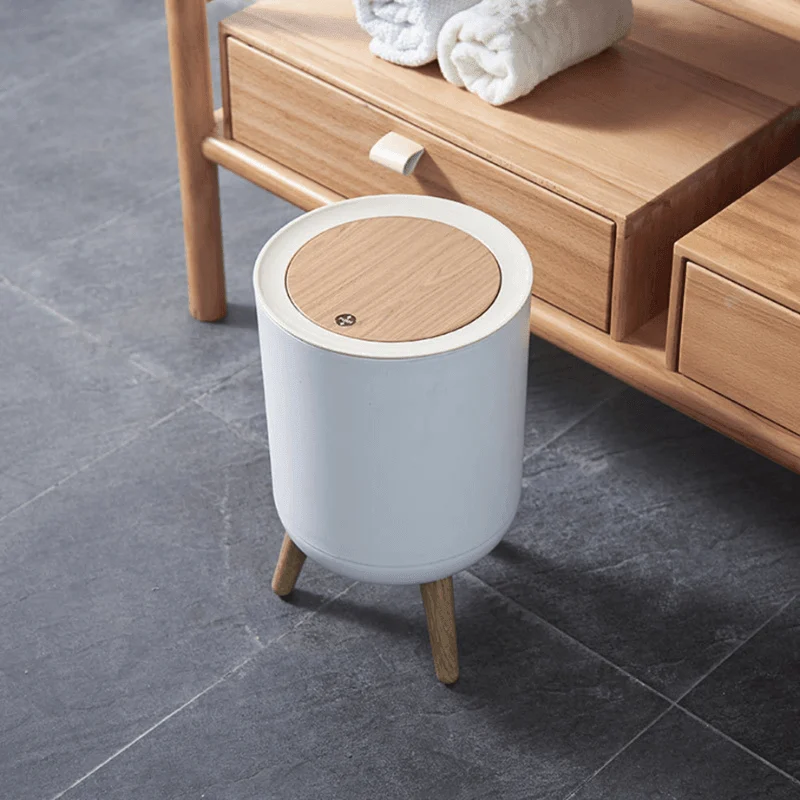 Wood Grain High-footed Trash Can -Bathlova